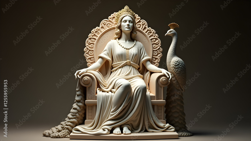 A majestic statue of Juno, the Roman queen of the gods, seated on an ornate throne with a regal peacock beside her. Symbolizing power, marriage, and divinity, the sculpture exudes elegance. A majestic statue of Juno, the Roman queen of the gods, seated on an ornate throne with a regal peacock beside her. Symbolizing power, marriage, and divinity, the sculpture exudes elegance.