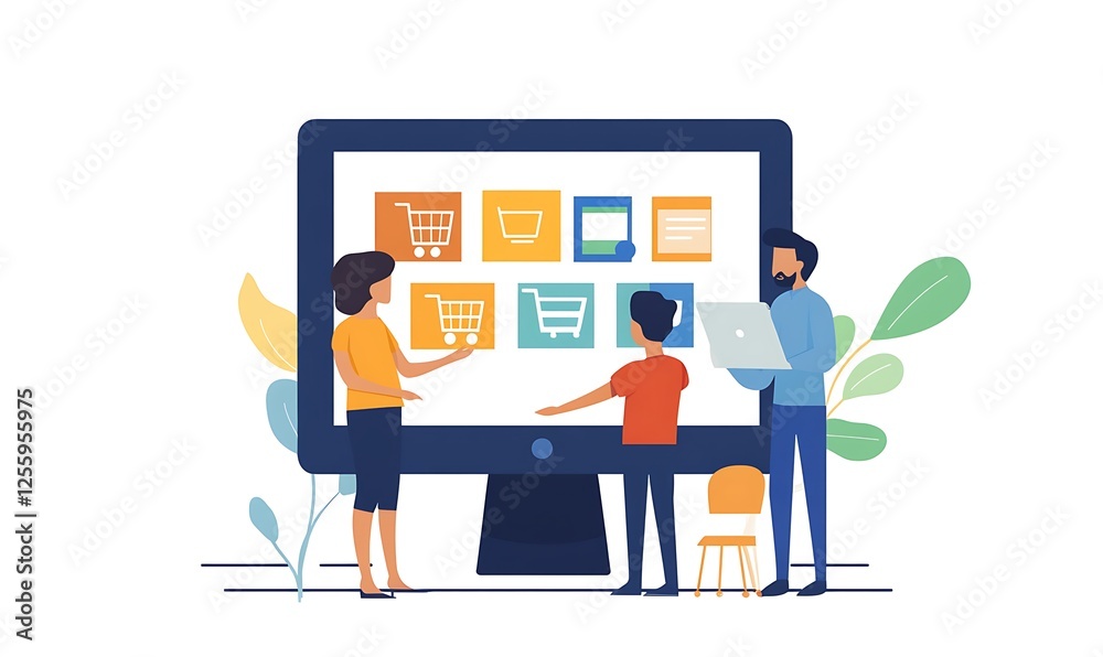 Team collaborating on online shopping interface design. Team collaborating on online shopping interface design.