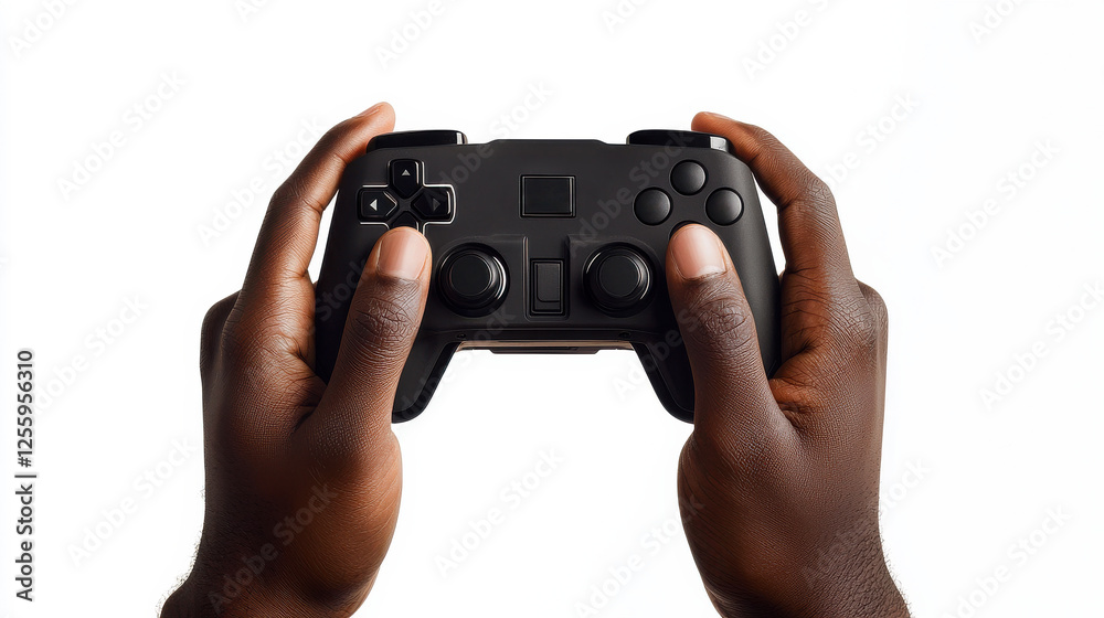 Hands Holding Black Gaming Controller Against White Background Hands Holding Black Gaming Controller Against White Background
