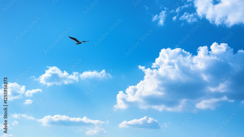 Fototapeta premium A solitary bird soaring gracefully through a bright blue sky filled with fluffy white cloud