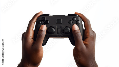 Hands Holding Black Gaming Controller Against White Background
