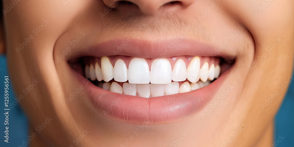 Fototapeta premium Woman showing perfect teeth and gums smiling on blue background