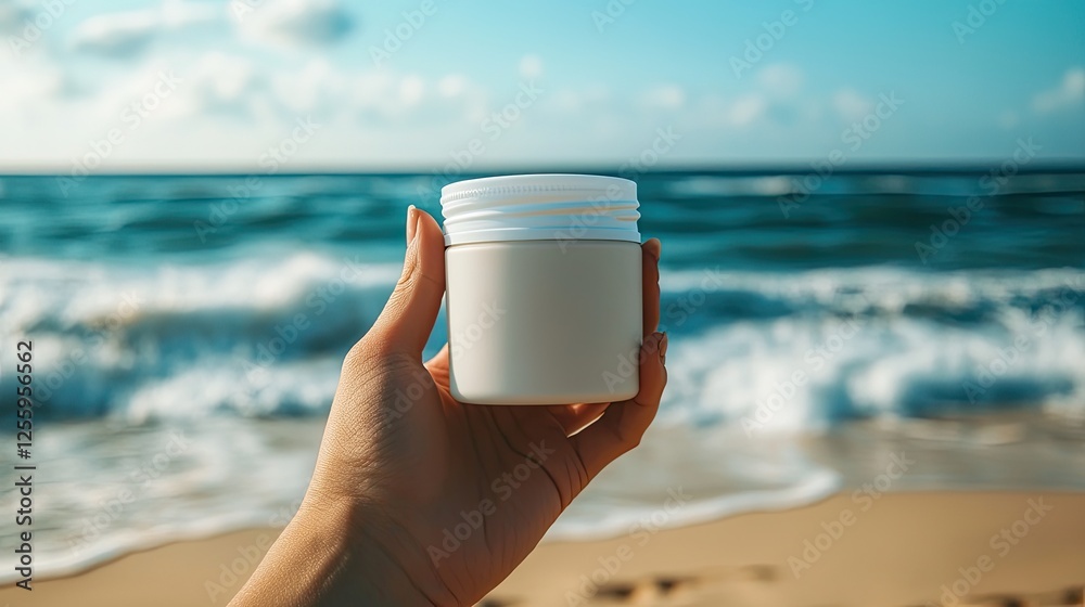 An anonymous hand holding a simple cream jar with a serene beach backdrop, soft waves and golden sand in view. An anonymous hand holding a simple cream jar with a serene beach backdrop, soft waves and golden sand in view.