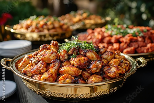 Delicious chicken wings served in golden bowls garnished with fresh herbs creating an appetizing buffet spread