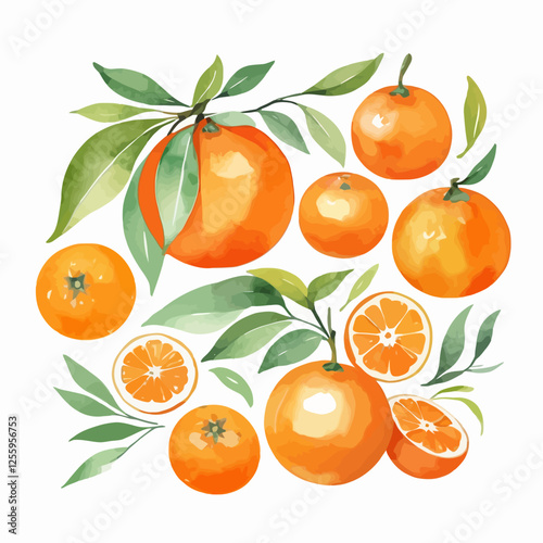 Tangerine,Hand drawn watercolor Tangerine set on white background. Fruit vector illustration. Pattern watercolor fruit.	
