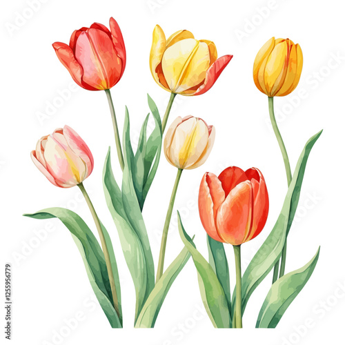 Watercolor tulip flower set, white background, vector illustration. Perfect for wedding, cards, posters, flyers.	