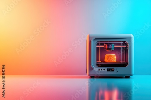 Innovative 3D printing technology showcases bright creation in modern workspace under vibrant lighting