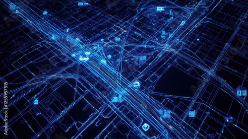 Futuristic Cityscape: Digital Blueprint of Urban Network in Blue Light