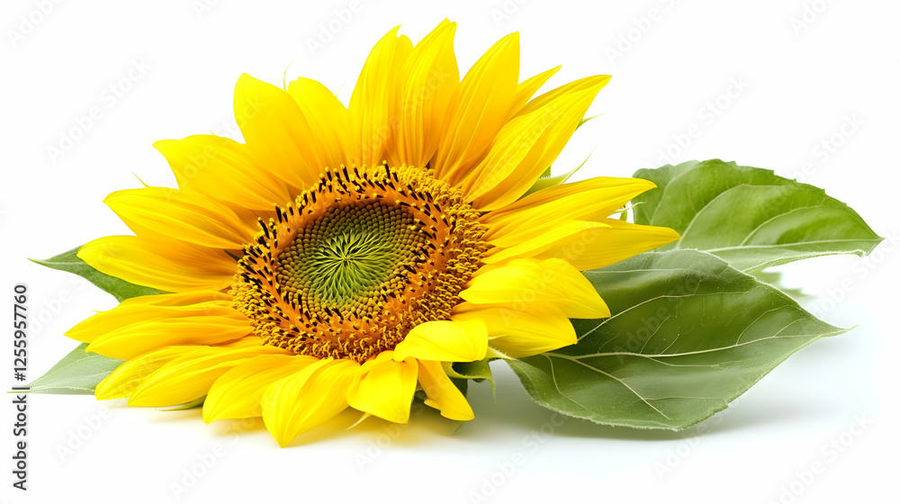 Photo: Sunflower Blossom with Leaves on White Background Photo: Sunflower Blossom with Leaves on White Background