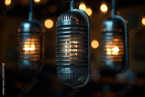 Vintage microphone light fixtures hang in a dimly lit room creating a retro ambiance with warm glowing bulbs visible through the metal mesh
