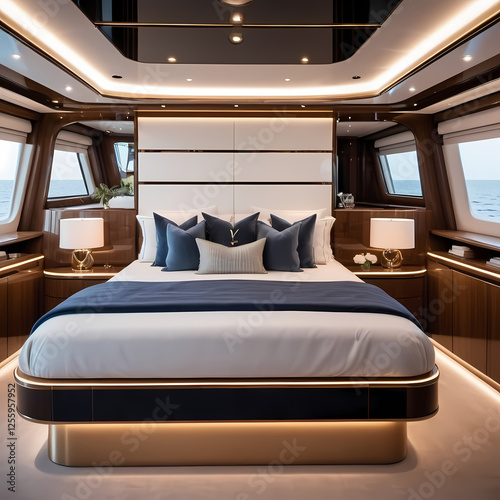Luxurious yacht bedroom interior with cozy pillows and elegant lighting, offering a comfortable and stylish space for relaxation and comfort. 