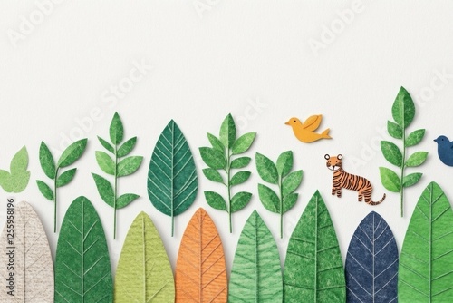 Colorful paper leaves and playful animals create a whimsical nature scene, perfect for children s themes and eco friendly concepts photo