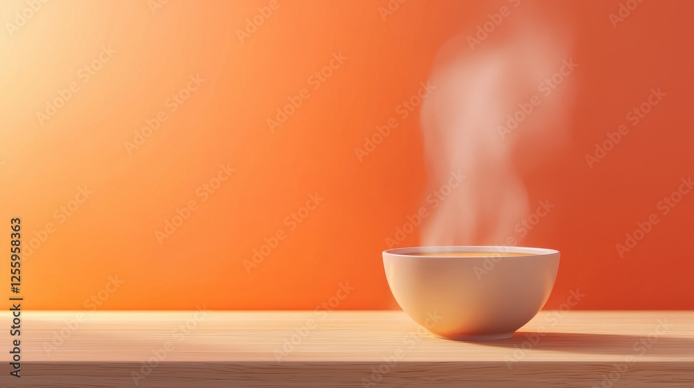 Creamy bowl of steaming soup on a light wooden surface against a warm orange background. The steam rises in a gentle, ethereal shape. Soft lighting highlights the bowl and the background gradient. Creamy bowl of steaming soup on a light wooden surface against a warm orange background. The steam rises in a gentle, ethereal shape. Soft lighting highlights the bowl and the background gradient.