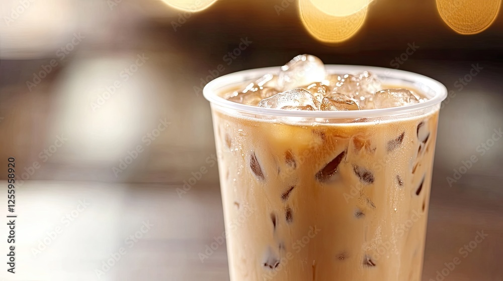 An iced coffee shot with a blurred background, allowing space for text or branding opportunities An iced coffee shot with a blurred background, allowing space for text or branding opportunities