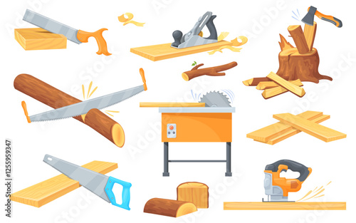 Sawing wooden log. Axe tool split timber trunk, saw cut chipped wood material timbering tree plank woodwork instrument carpenter lumberjack set concept, neat vector illustration