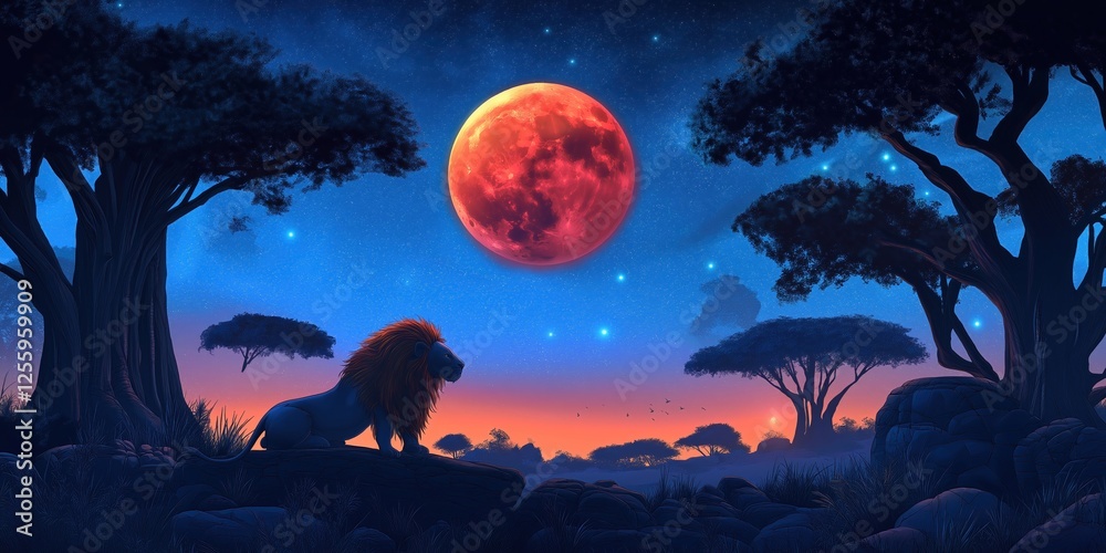 Lion is standing in the wild, looking up at a red moon Lion is standing in the wild, looking up at a red moon