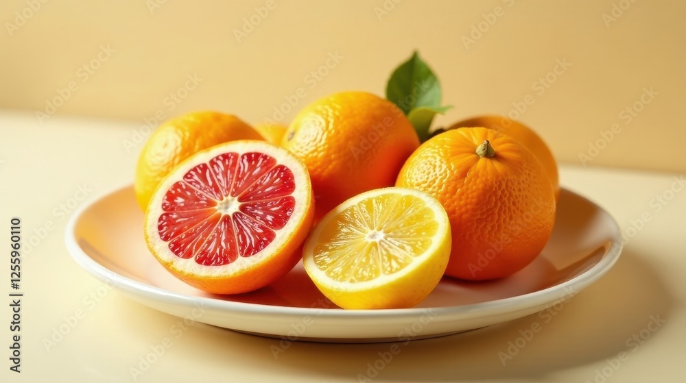 A vibrant citrus arrangement featuring halves of a juicy blood orange and a zesty lemon, complemented by whole oranges, all artfully presented on a simple, elegant plate. A vibrant citrus arrangement featuring halves of a juicy blood orange and a zesty lemon, complemented by whole oranges, all artfully presented on a simple, elegant plate.