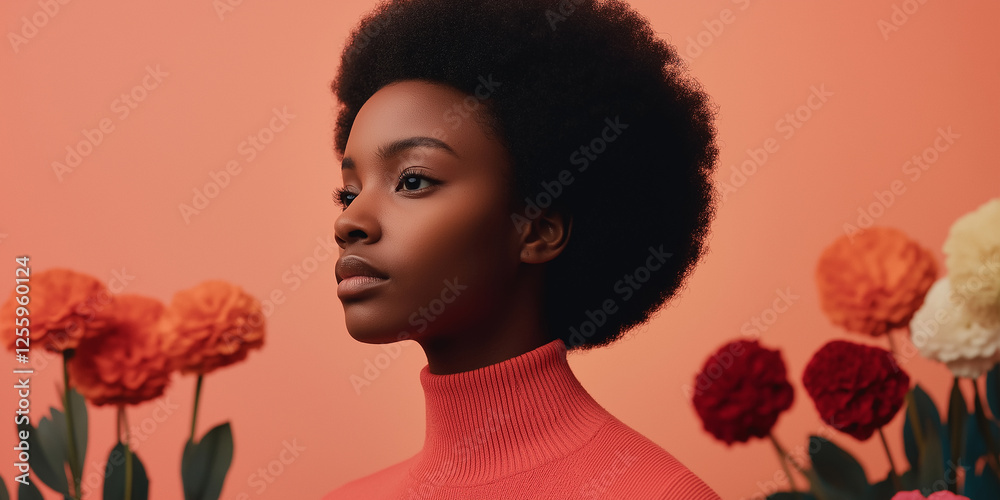 Young black woman posing with colorful flowers and coral background