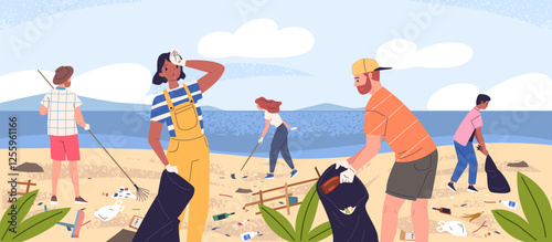 People clean up beach. Volunteer community cleaning coast, sea ocean river or lake pollution group collect plastic garbage in trash bag pick litter waste classy vector illustration