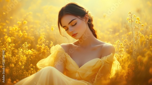 Wallpaper Mural Woman in yellow dress sitting in field Torontodigital.ca
