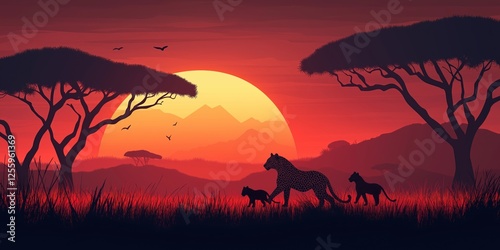 Group of animals are running through a field at sunset