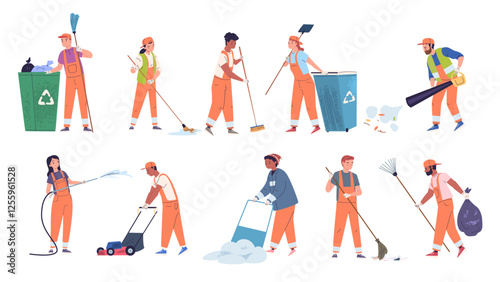 Street cleaners. City janitors in uniform cleaning gathering urban garbage, sweeper janitorial service job dustman waste bin collector, characters set classy vector illustration