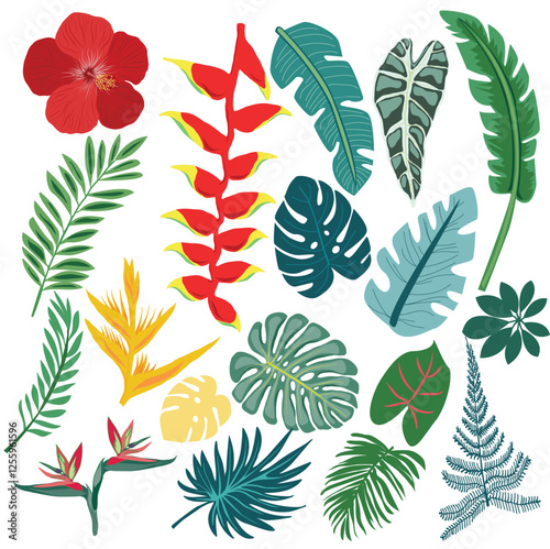  Set of tropical leaves and exotic flower.