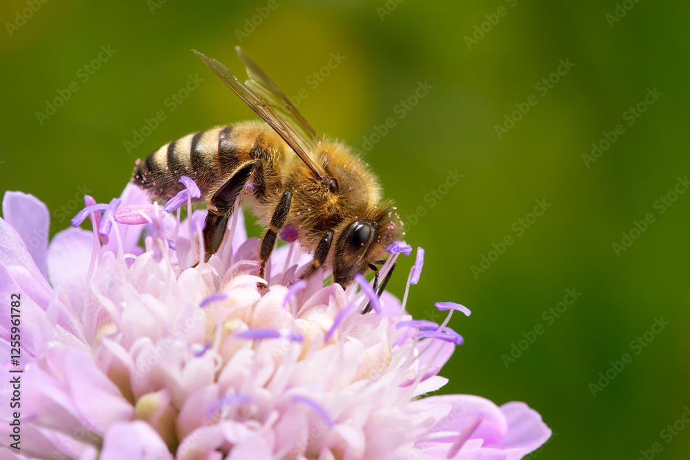 Biene (Westliche Honigbiene - Apis mellifera) auf einer lila Acker-Witwenblume (Knautia arvensis) in Nahaufnahme - Baden-Württemberg, Deutschland Biene (Westliche Honigbiene - Apis mellifera) auf einer lila Acker-Witwenblume (Knautia arvensis) in Nahaufnahme - Baden-Württemberg, Deutschland