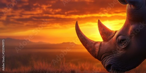 Rhino is standing in a field with a sunset in the background