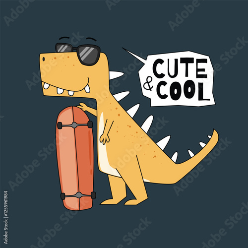 Cute dinosaur wearing glasses and skate board. Vector Illustration for kindergarten background, kids poster decoration, book cover, apparel and others