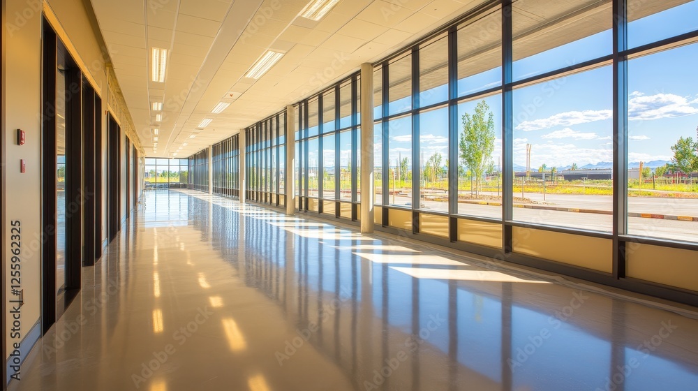 Fototapeta premium Bright and spacious modern hallway with large windows showcasing a scenic outdoor view