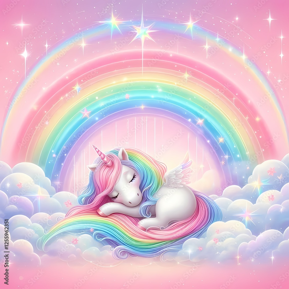 Obraz premium Majestic Unicorn in a Dreamy Sky with Rainbow with sparkling stars against a soft, pink fantasy sky
