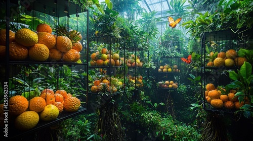 Lush greenhouse oasis with vibrant oranges and butterflies photo