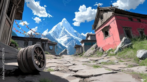 Nepalese village with prayer wheels and mountain views photo