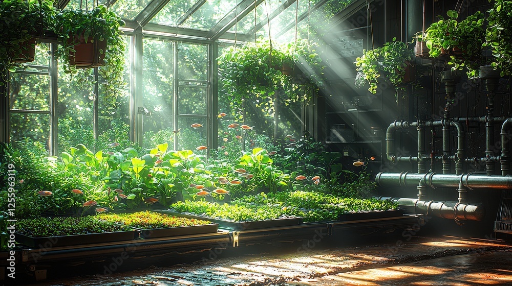 Obraz premium Lush greenhouse with sunlit plants and pipes: harmonious indoor farming environment
