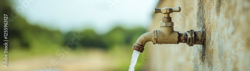 Understanding Environmental Impact: Climate Change and Pollution Awareness, Water flows from an outdoor faucet against a blurred natural background.
