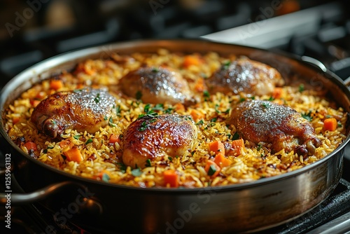 Delicious chicken and rice dish with vegetables cooked in a pan on a stovetop fresh and appetizing