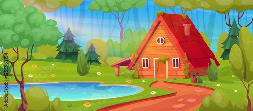 Cartoon forest hut. Forester shack, wooden cabin bungalow chalet village in jungle nature timber wood house lodge fairytale cottage game trees background swanky vector illustration