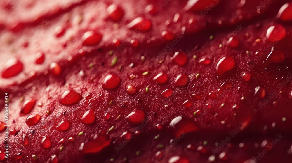 Extreme close-up of red strawberry surface covered in water droplets, showing texture and freshness Extreme close-up of red strawberry surface covered in water droplets, showing texture and freshness