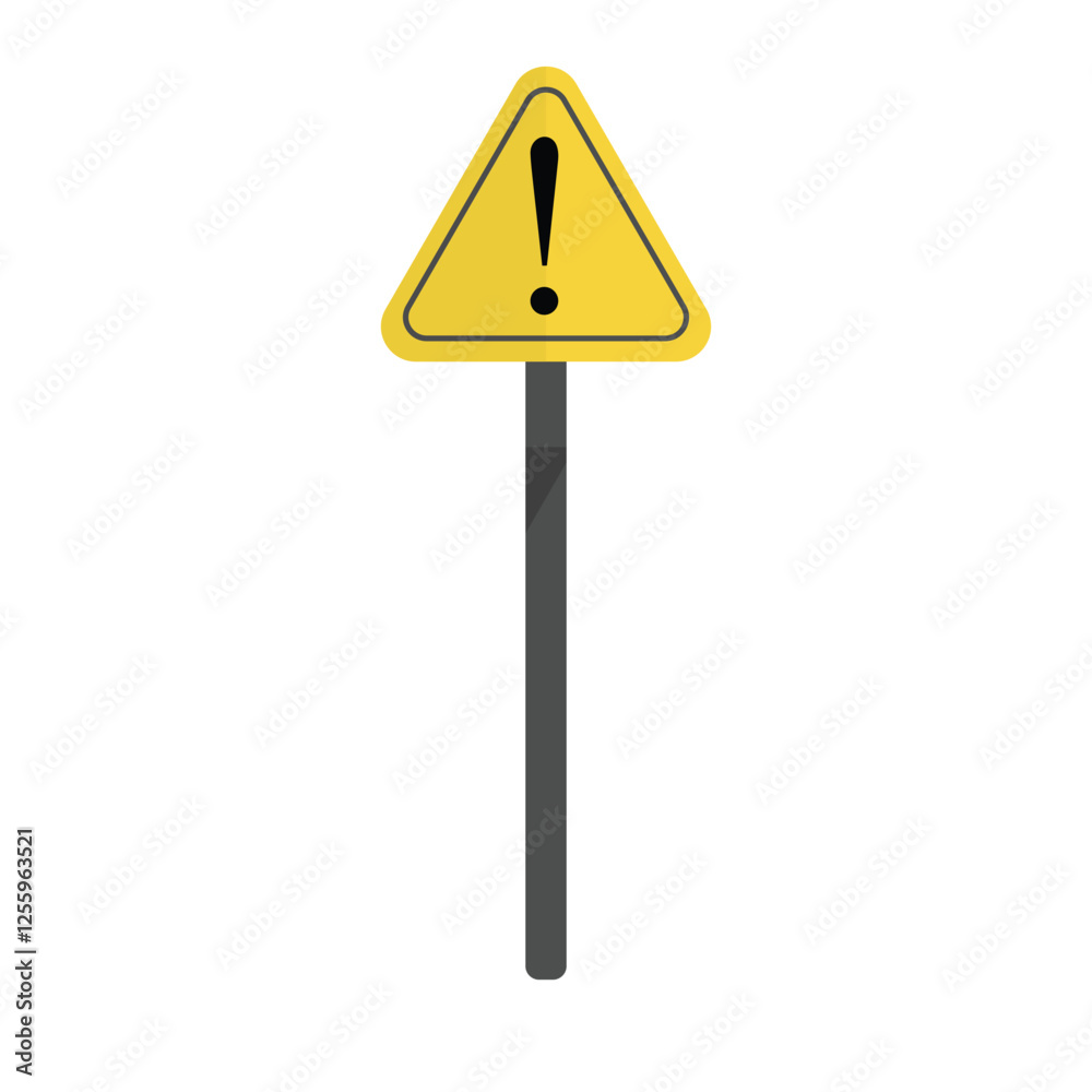 Warning road sign with exclamation mark on a metal pole isolated on white, vertical photo Warning road sign with exclamation mark on a metal pole isolated on white, vertical photo