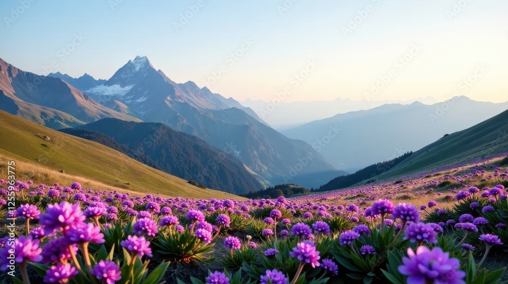 Serene mountain vista, a breathtaking panorama of purple wildflowers blooming across rolling hills, bathed in the golden light of sunrise Serene mountain vista, a breathtaking panorama of purple wildflowers blooming across rolling hills, bathed in the golden light of sunrise