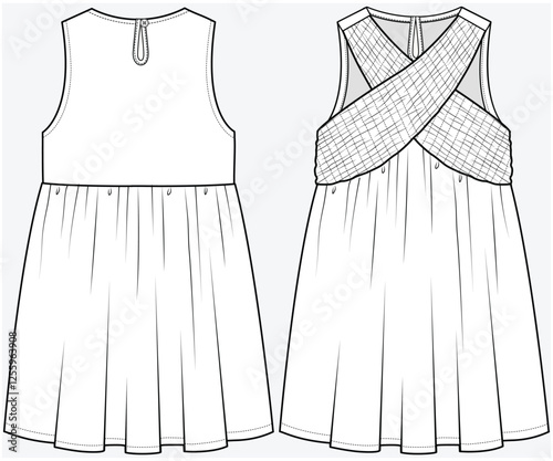 SLEEVELESS DRESS WITH SMOCKING CROSS OVER  DETAIL DESIGNED FOR KID GIRLS TWEENS AND TEEN GIRLS IN VECTOR FILE