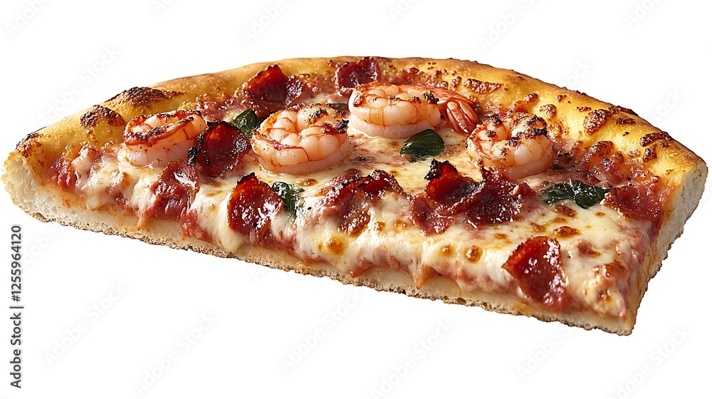 A slice of pizza with a white sauce base, grilled shrimp, and spinach, captured with a transparent background A slice of pizza with a white sauce base, grilled shrimp, and spinach, captured with a transparent background