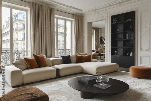 Elegant living space with modular sofa dark wood accents and muted tones in a Parisian apartment bathed in natural light