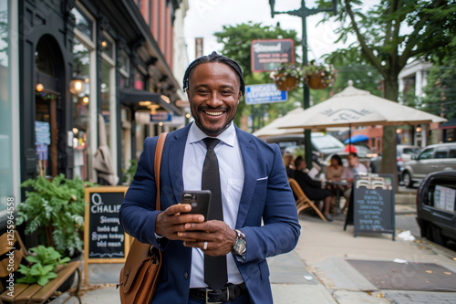 Stylish Black man in a blue suit holding a smartphone, walking confidently in the city photo