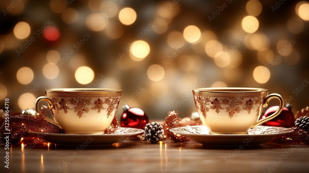 Fototapeta premium Festive teacups, Christmas lights, wooden table, holiday cheer