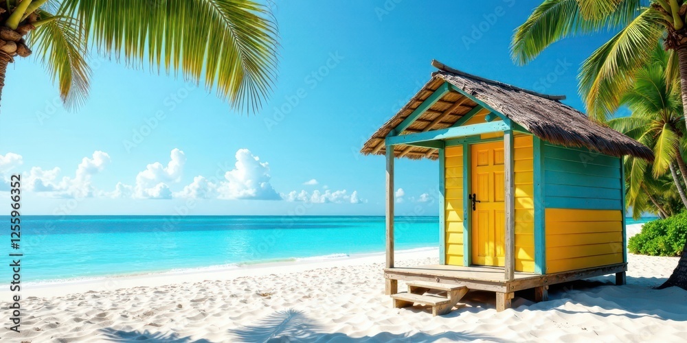 Obraz premium Tropical Beach Hut Idyll Sun-Kissed Sands, Azure Waters, and Palm Trees Framing a Vibrant Yellow and Teal Coastal Shelter