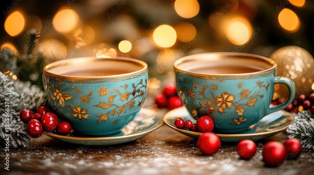 Fototapeta premium Festive teal teacups, Christmas lights, berries, wooden table