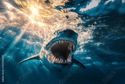 Realistic underwater photo of a carcharodon dinosaur swimming with open mouth and sharp teeth photo