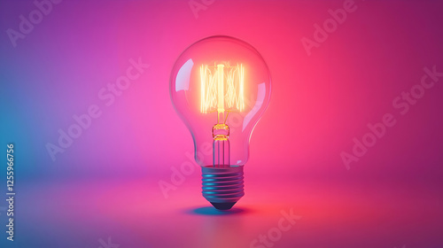 3D Illustration - Glowing Light Bulb on Vibrant Pink and Blue Background